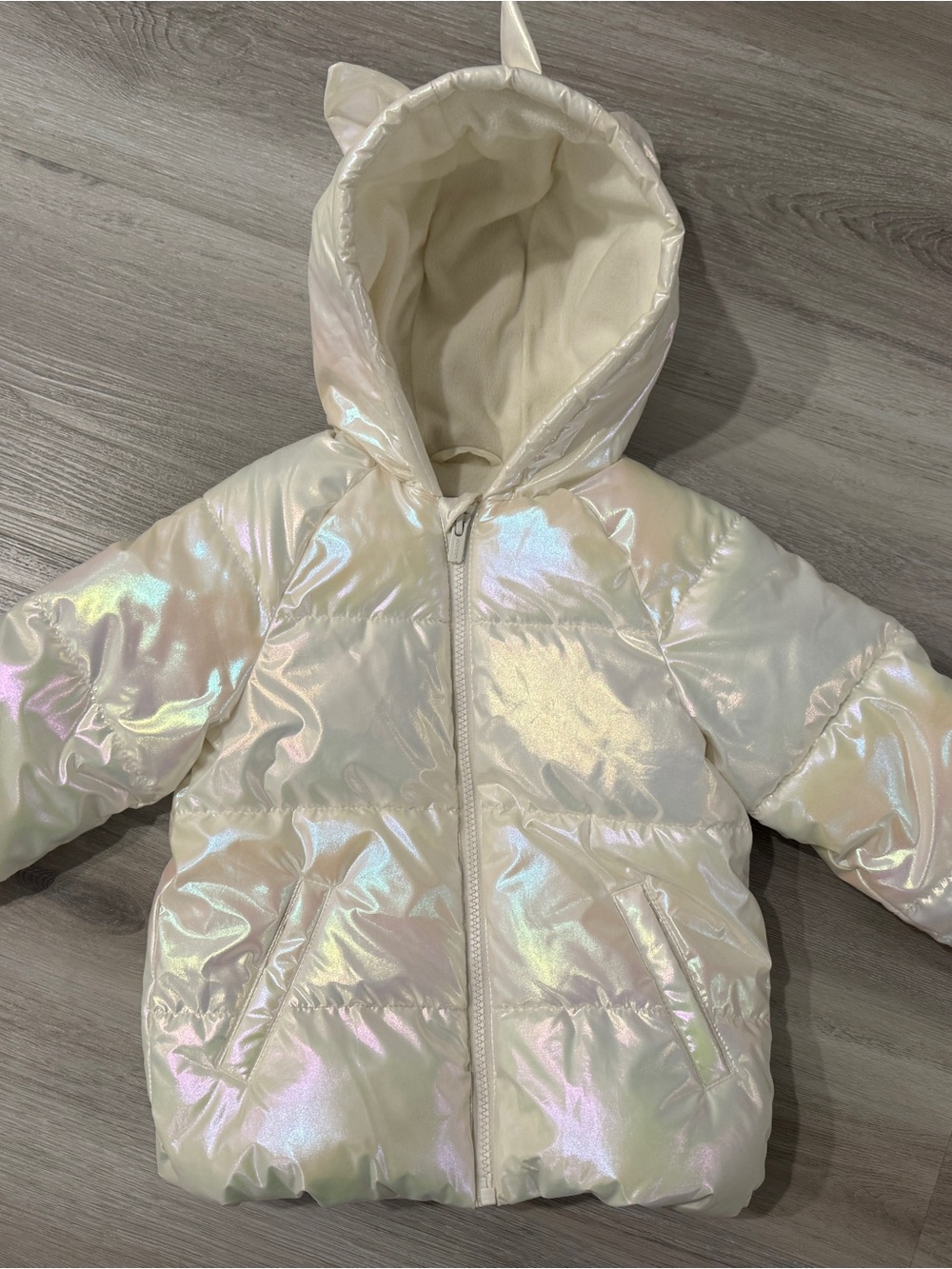 Iridescent Cream Puffer Jacket with Hood